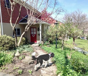 A house with a red door, a mailbox, and a garden with a dog.