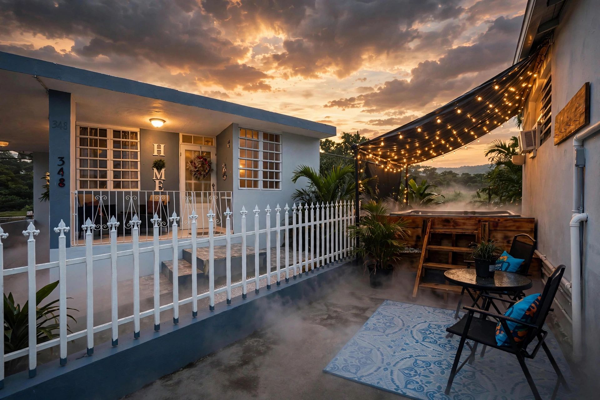Un espace extérieur abrité, délimité par une clôture blanche, avec une terrasse comprenant une table et des chaises, et offrant une vue sur le ciel.