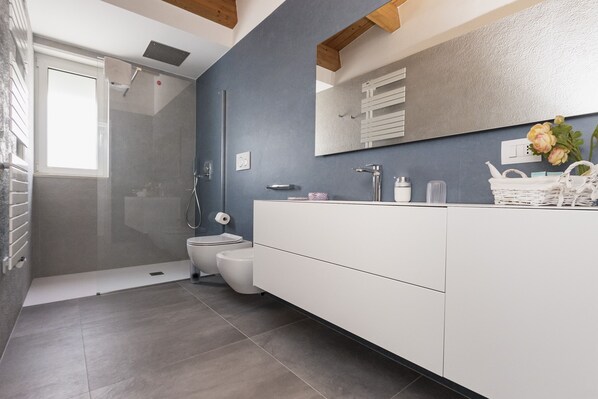 Une salle de bain moderne dotée d’une douche à l’italienne, de toilettes et d’un meuble-lavabo avec un miroir.