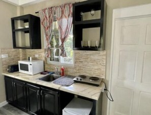 Fridge, microwave, stovetop, coffee/tea maker