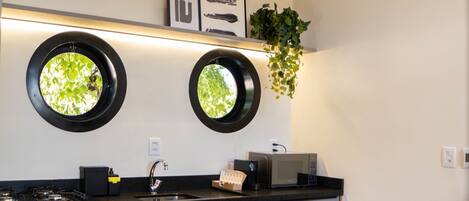 A modern kitchen with a black countertop, a sink, a microwave, and a small refrigerator. There are two circular windows on the wall, and a plant hanging above the counter.