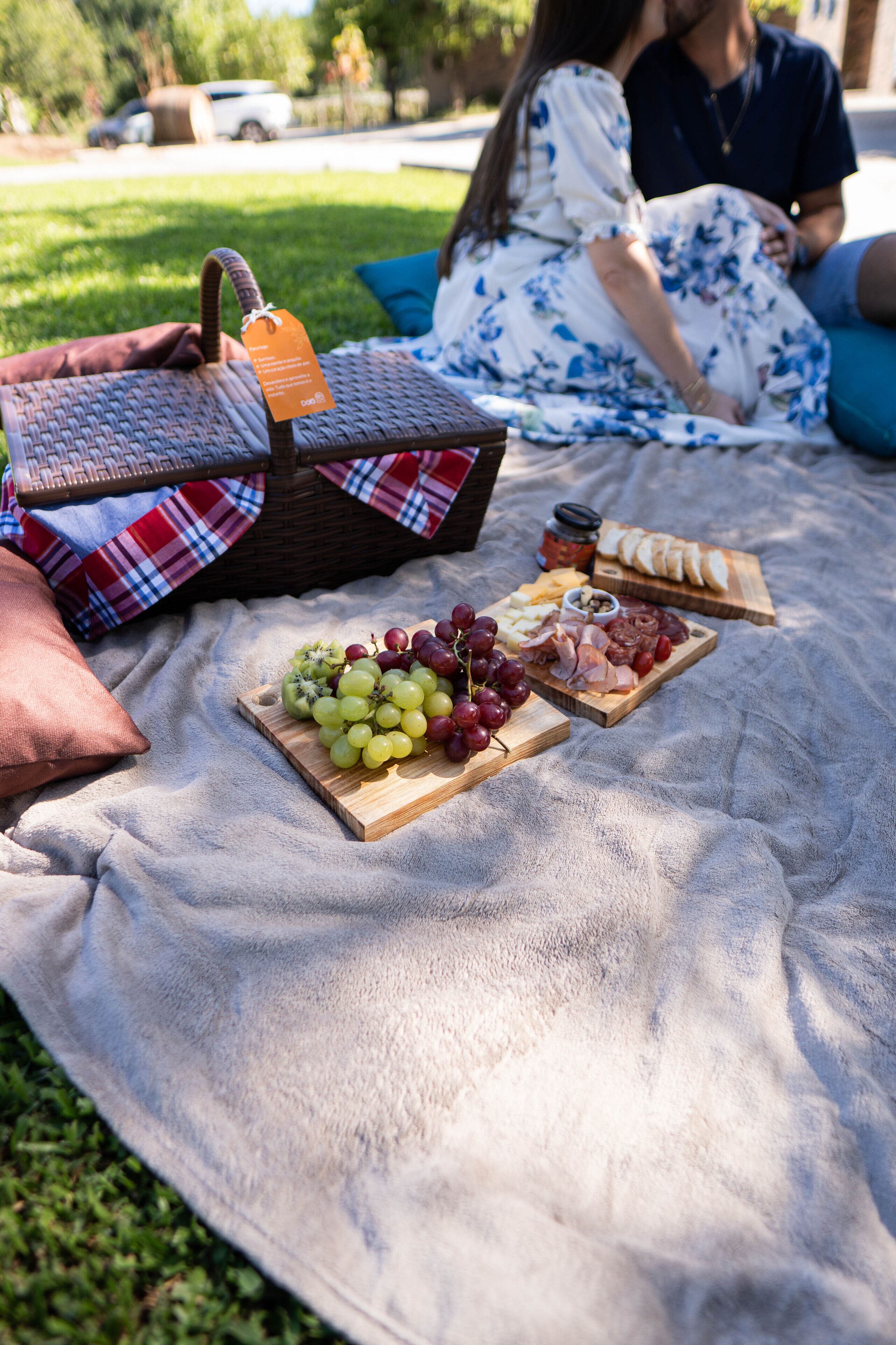 A picnic setup with a blanket, a basket, and a wooden board with grapes, cheese, and meats.