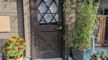 A black door with a diamond-patterned window, a potted red flowering plant, and a bamboo plant.
