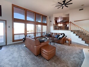 Smart TV, fireplace, table football, books