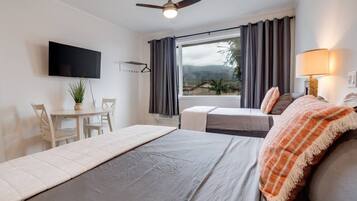 1 bedroom, desk, iron/ironing board, travel cot