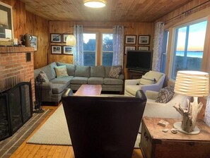 Smart TV, fireplace, books