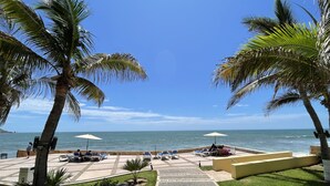 A beachside walkway with palm trees, lounge chairs, and umbrellas. - Gavias Grand Ocean Front (Mazatlán)
