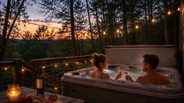 A hot tub with two people, surrounded by a deck with a table of food and drinks, and string lights. - Near Dollywood | Hot Tub, Fire Pit & Games (Sevierville)