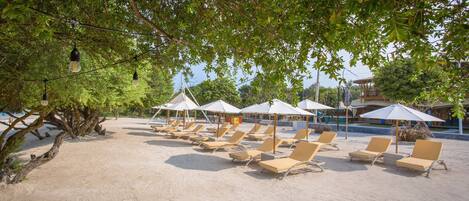 A beachside area with sun loungers and umbrellas under trees.