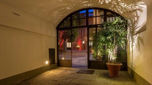 Una entrada arqueada con una planta en maceta, suelo de piedra y vista al exterior de noche.