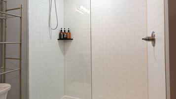 Hair dryer, towels, soap, shampoo