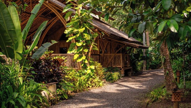 A rustic wooden building with a thatched roof, surrounded by lush greenery and a gravel path. - Kaura Bali (Manggis)