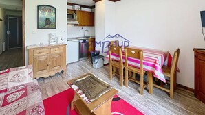 A compact living space with a kitchenette, a dining area with a table and chairs, a wooden cabinet, and a red rug. - Apartment 2 rooms 4 beds -Swimming pool - Footpath (VALLOIRE)