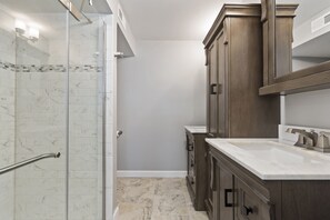 Shower, towels, soap, shampoo