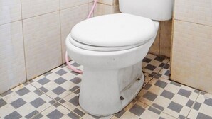 A small, tiled bathroom with a white toilet, a pink hose, and a green soap dish.