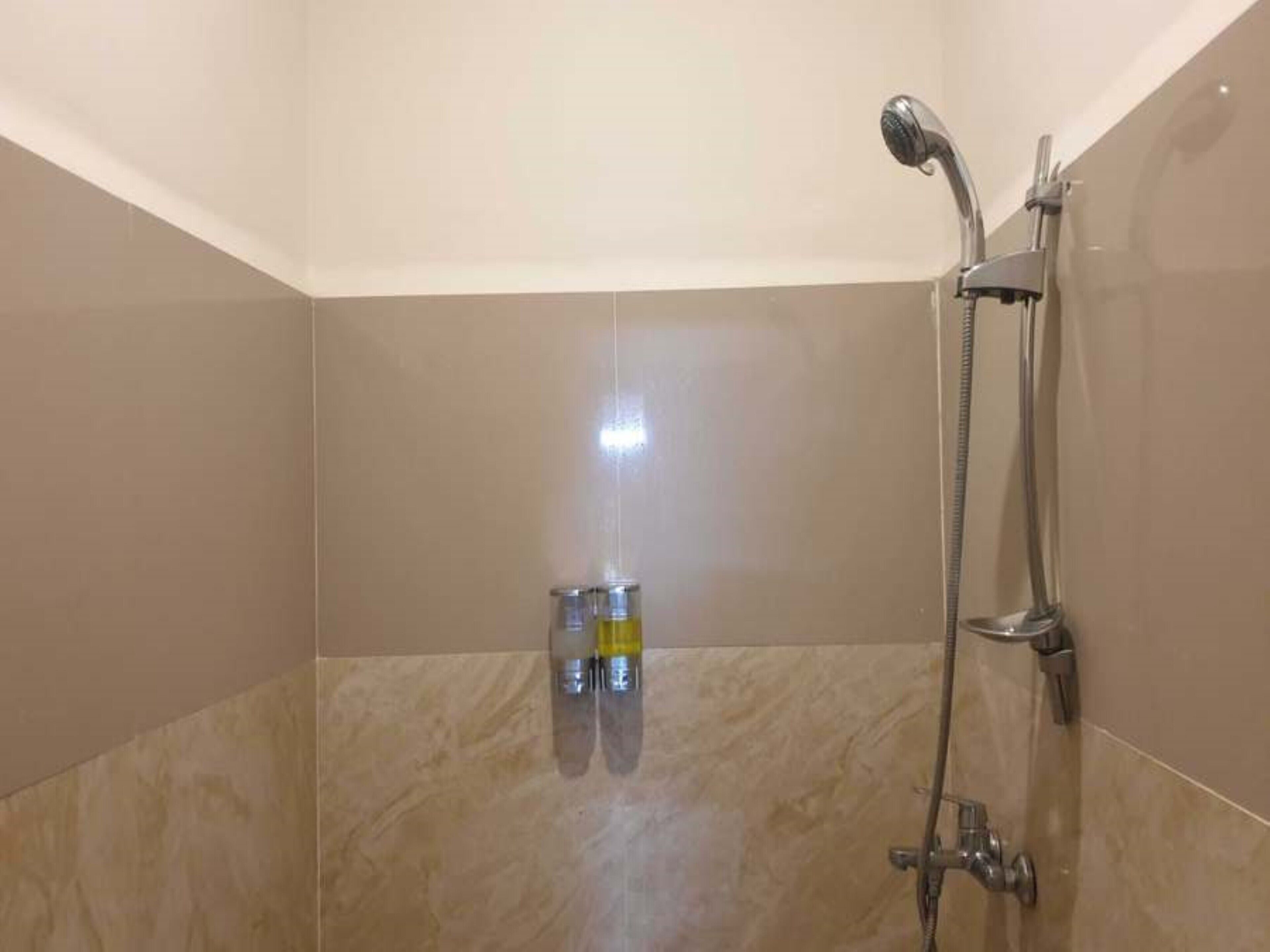 Een douche met een handdouche en een kraan op de muur, een glazen fles shampoo, en een lamp aan het plafond.