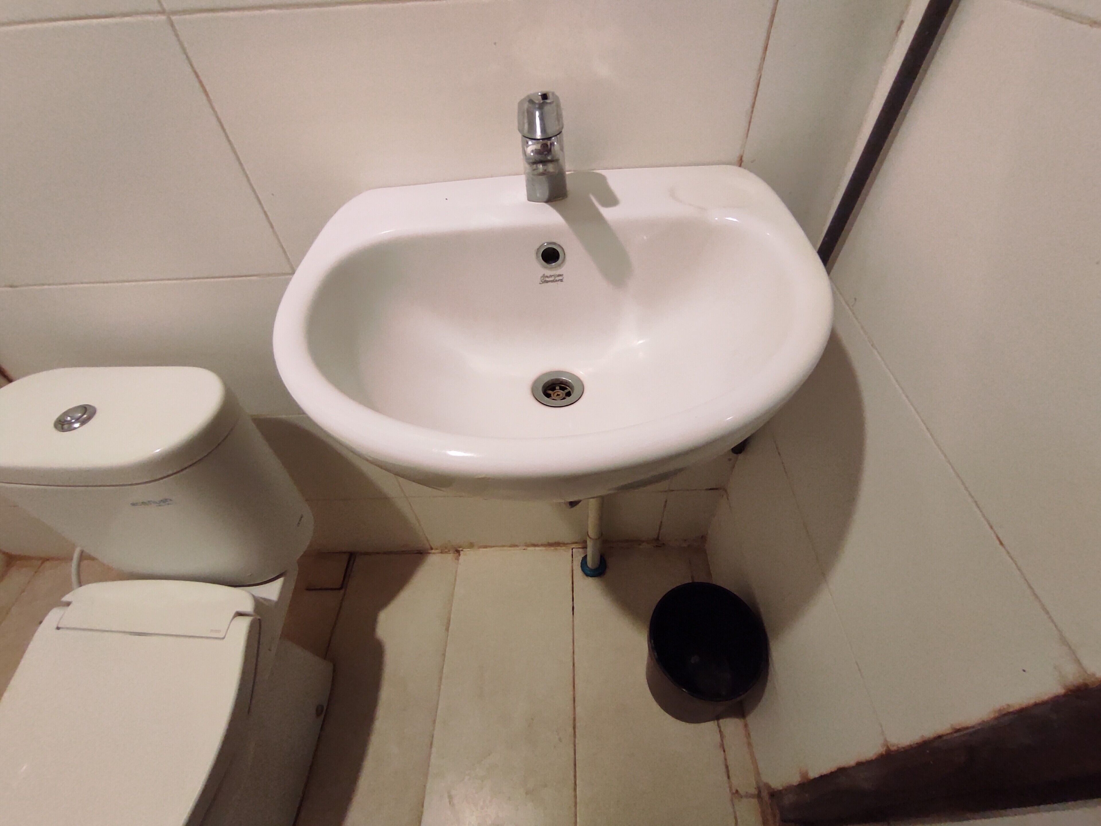 Ein Badezimmer mit einem weißen Waschbecken, einer Toilette und einer dunkel gefärbten Mülltonne.