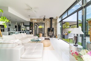 TV, fireplace, books, stereo - A prestigious villa with 2 swimming pools and 1 spa in the south of France (Saint-Gély-du-Fesc)