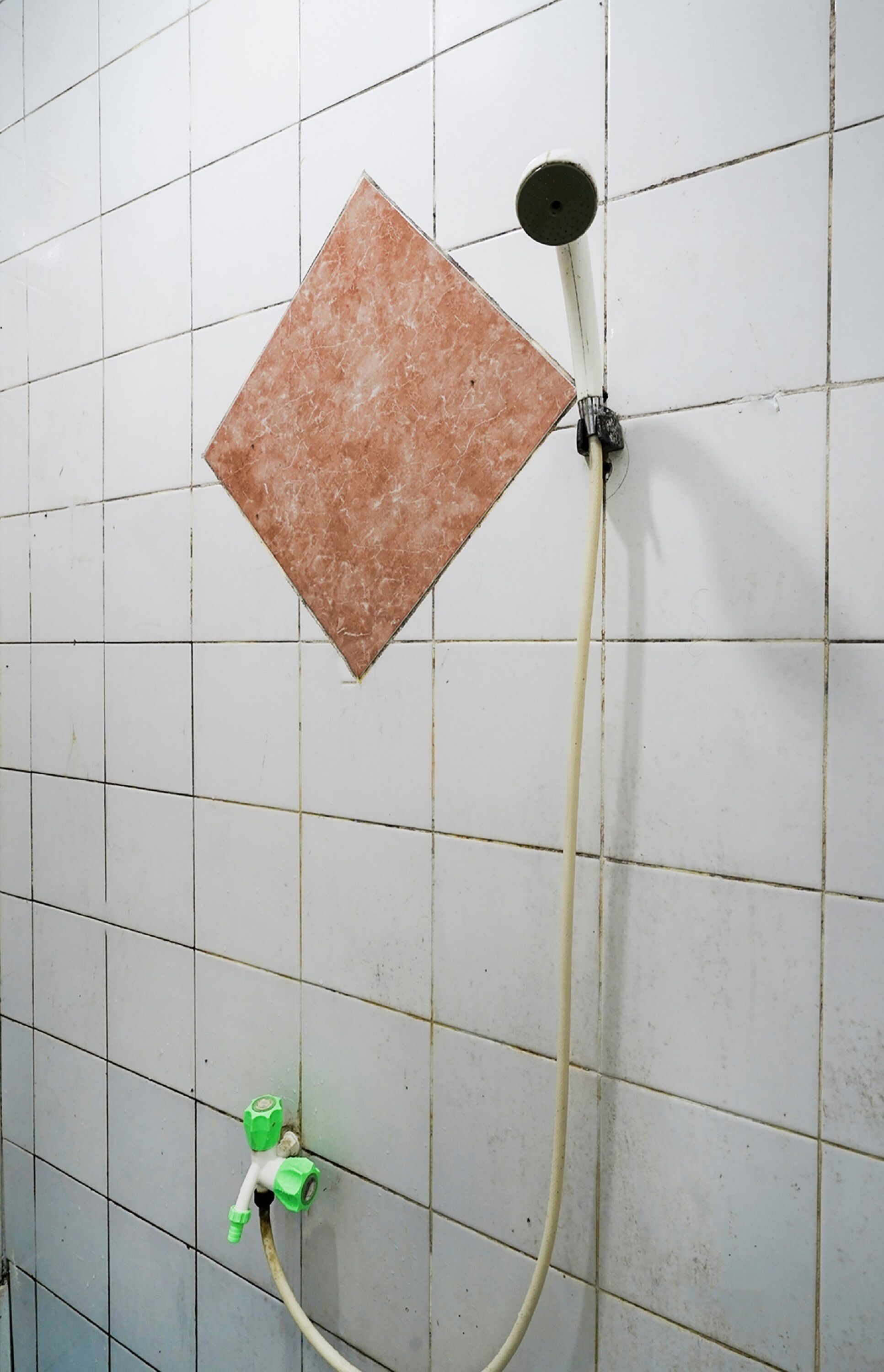 A shower with a square tile wall, a handheld showerhead, and a green faucet.