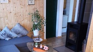 A cozy living room with a sofa, a glass coffee table with decorative items, a potted plant, and a fireplace. - Amy's vacation home (Simmerath)