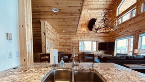 A kitchen with a granite countertop, double sink, and wooden walls.