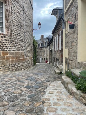 A narrow cobblestone street flanked by historic stone buildings with traditional architecture, including visible windows and doors.