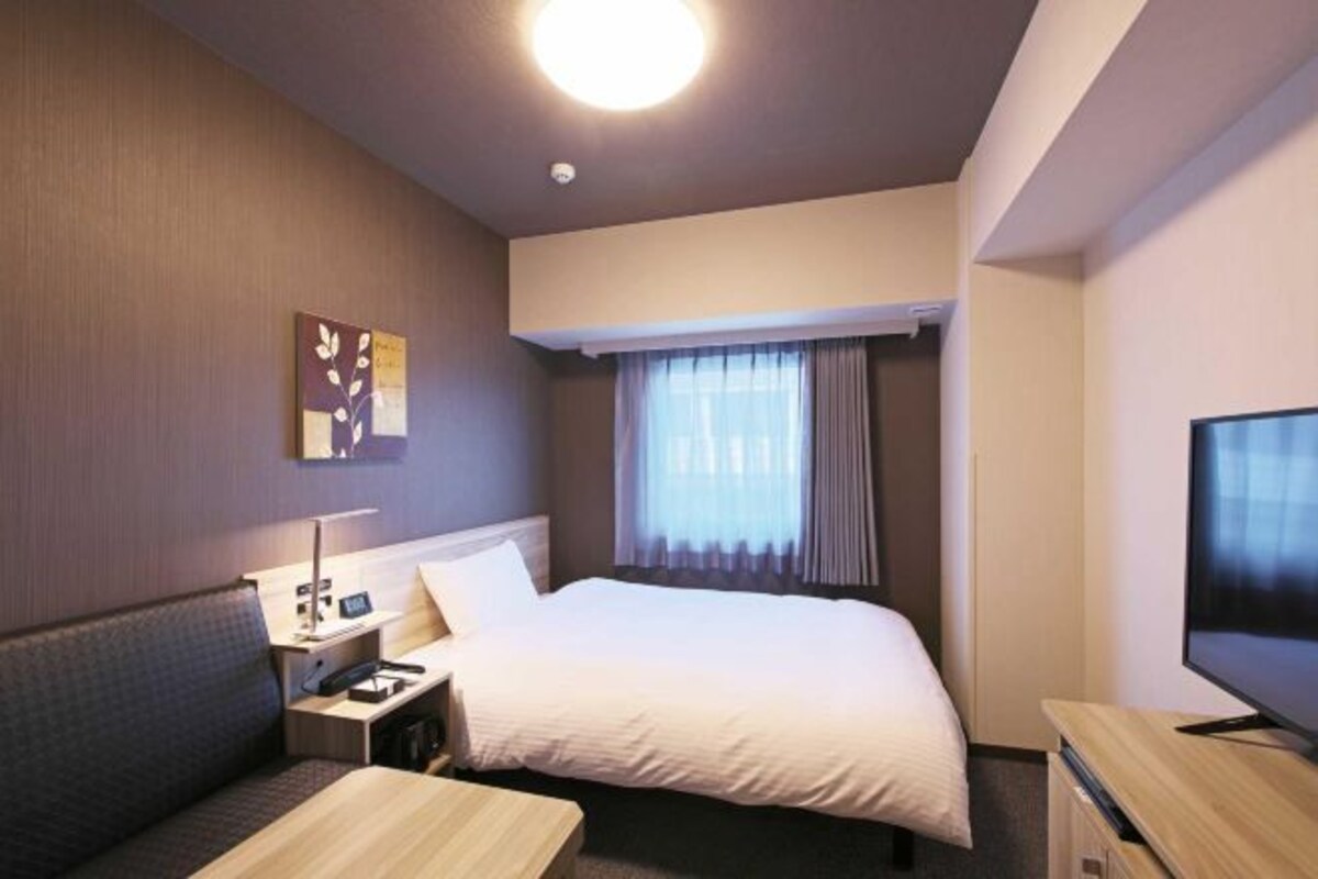A hotel room with a bed, a desk, a chair, a TV, and a window with curtains.