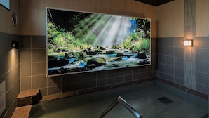 A spa area with a large wall-mounted screen displaying a waterfall scene, a hot tub, and a metal handrail. - Hotel Route Inn Matsuyama Chuo -Katsuyama Dori- (Matsuyama)