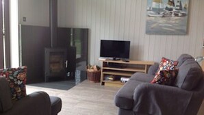 A living room with a fireplace, a television, and a sofa. - High quality accommodation for couples in semi rural setting (Cheddar)