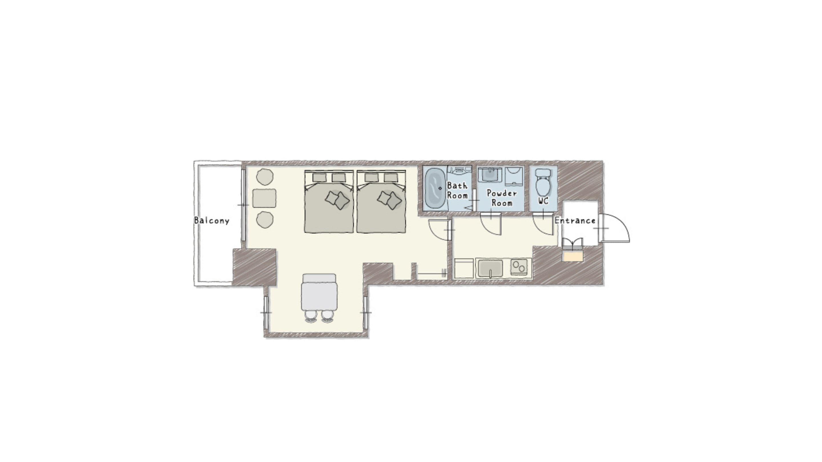 A floor plan of a hotel with a balcony, a living area with sofas and a coffee table, a bathroom, a powder room, and a WC.