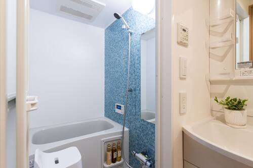 Separate bathtub and shower, hair dryer, slippers, towels