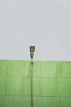 Ducha, cabezal de ducha tipo lluvia, toallas, papel higiénico