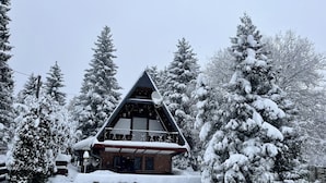 Een besneeuwde blokhut met een puntig dak, omringd door sneeuwbedekte bomen.