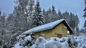 A snow-covered cabin with a sloped roof, surrounded by trees and bushes. - Vacation home Konrad by Interhome (Suhl)