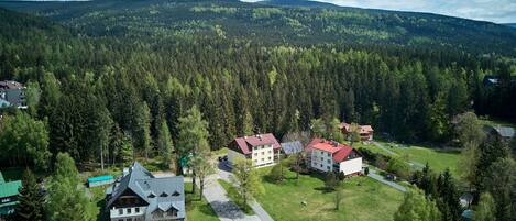 An aerial view of a residential area with houses, a green lawn, and a forested mountain in the background.