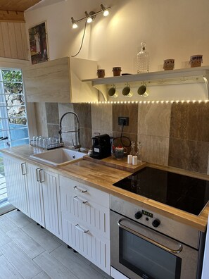 Fridge, oven, coffee/tea maker, electric kettle