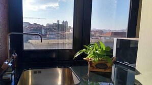 Een keuken met een roestvrijstalen spoelbak, een potplant en een magnetron op een glazen aanrechtblad.