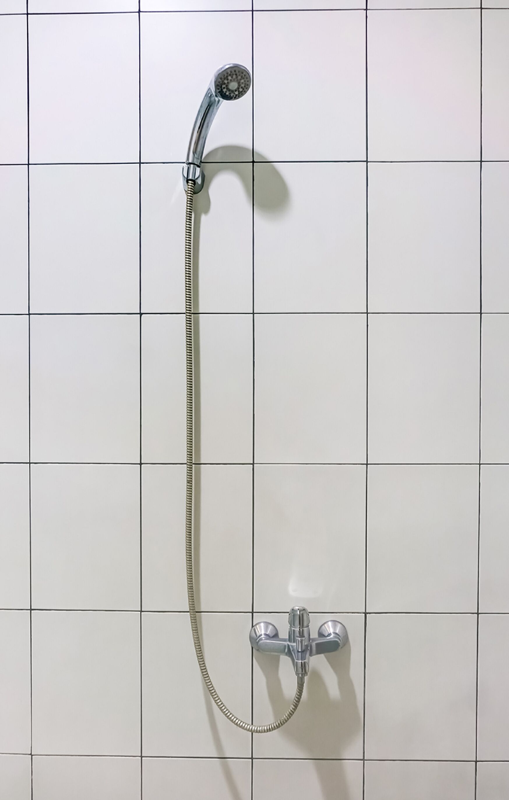 A shower with a handheld showerhead and a fixed wall-mounted faucet.