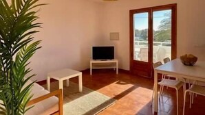 Une pièce avec un téléviseur posé sur un meuble, une table à manger avec des chaises, une plante en pot et une grande fenêtre donnant sur l’extérieur.