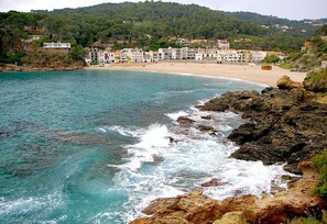En la playa y camastros 