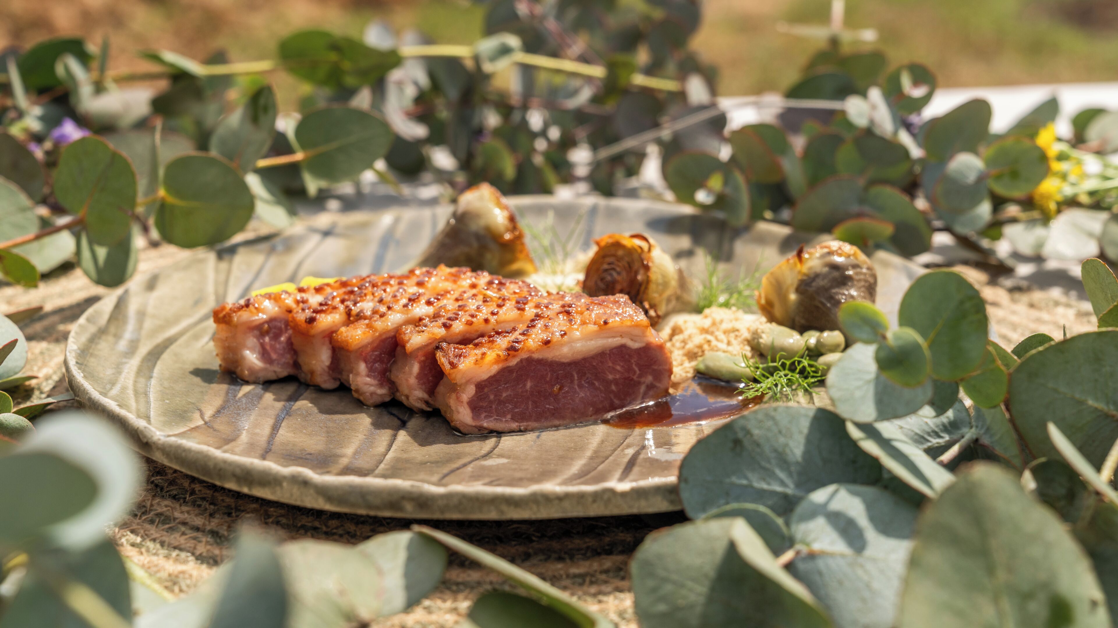 Prato de comida com carne e vegetais em um prato rústico, cercado por vegetação.