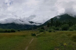 A grassy field with a path leading towards a mountain range.
