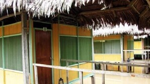 Una estructura tradicional con techo de paja, vigas de madera y una combinación de colores verde y amarillo.