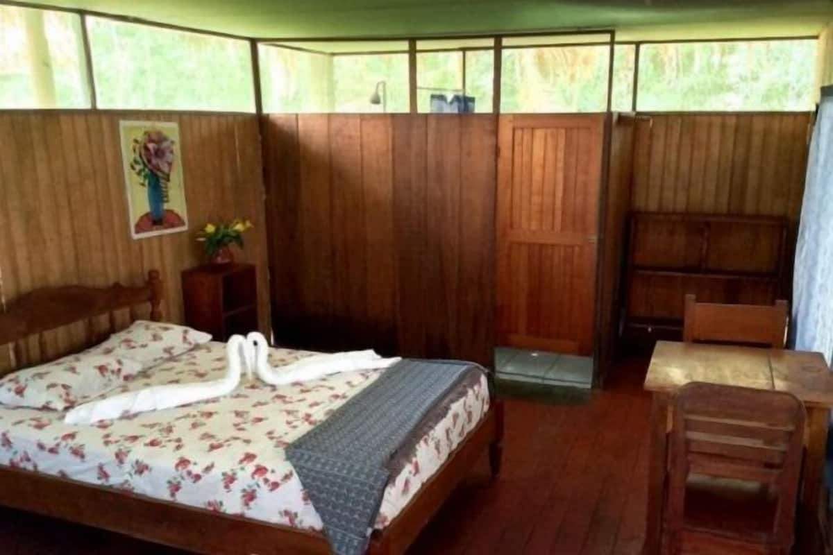 Une pièce en bois avec un lit, une petite table et une chaise.