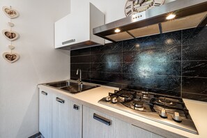 Kühlschrank, Ofen, Herdplatte, Wasserkocher mit Kaffee-/Teezubehör