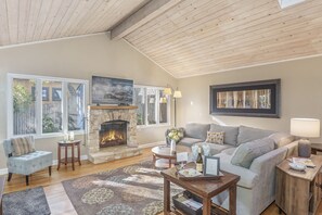 Smart TV, fireplace, DVD player, books