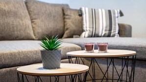 Ein modernes Wohnzimmer mit einem grauen Sofa, einem gestreiften Kissen, einem kleinen Topfpflanzen und zwei runden Tischen mit Getränken.