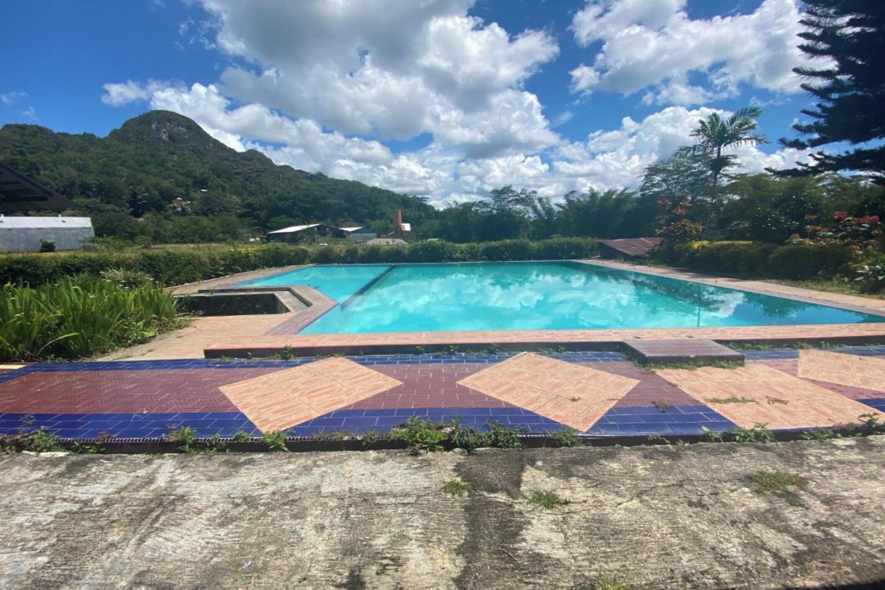 Uma piscina com deck revestido, rodeada por vegetação e montanhas ao fundo.