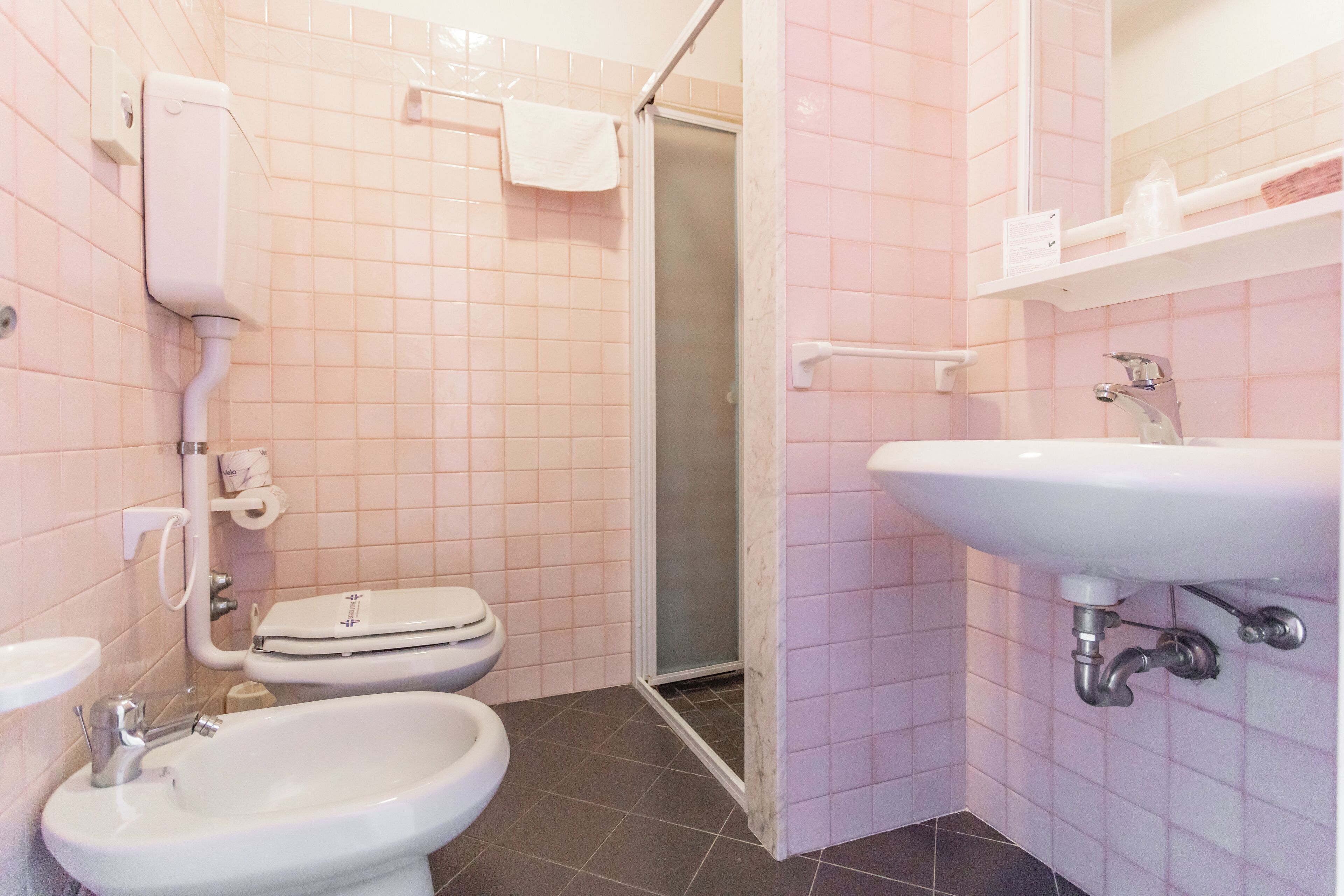 Un baño con inodoro, bidé, lavabo y zona de ducha.