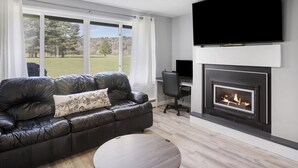 Una sala de estar moderna con un sofá de cuero, un televisor de pantalla plana sobre una chimenea y ventanas grandes con vistas a un área verde.